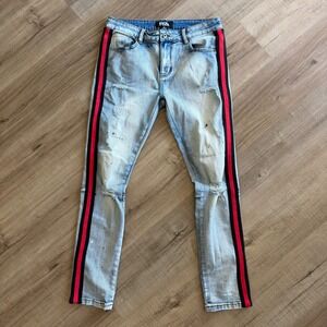 Fbrk Mens Skinny Distressed Light Wash Jeans Red Side Stripe Paint Splatter 32